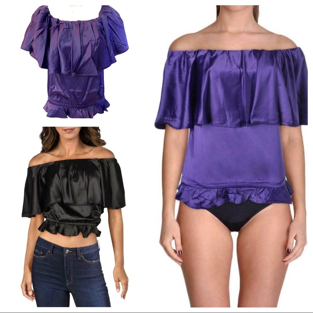 Rachel Lym PURPLE Resort Top Stretch Satin Swim Coverup Ruffle Off Shoulder